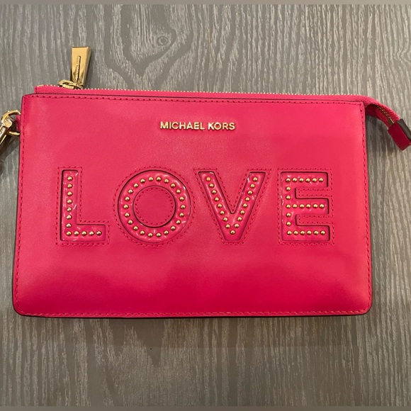 Michael Kors “LOVE” Ultra Pink Gold Studded Wristlet Clutch Leather Bag - Picture 1 of 9